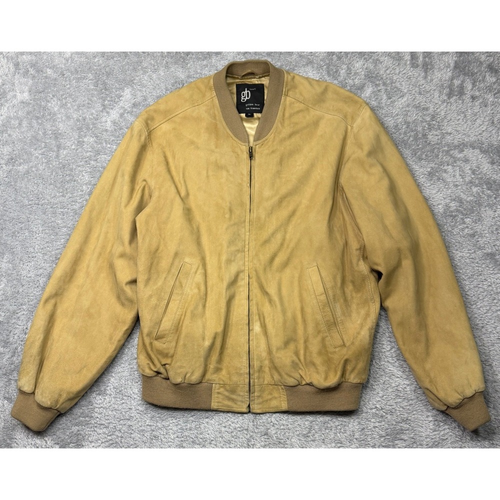 Vintage Golden Bear Bomber Jacket Mens M Tan Suede Leather Full Zip Satin Lined